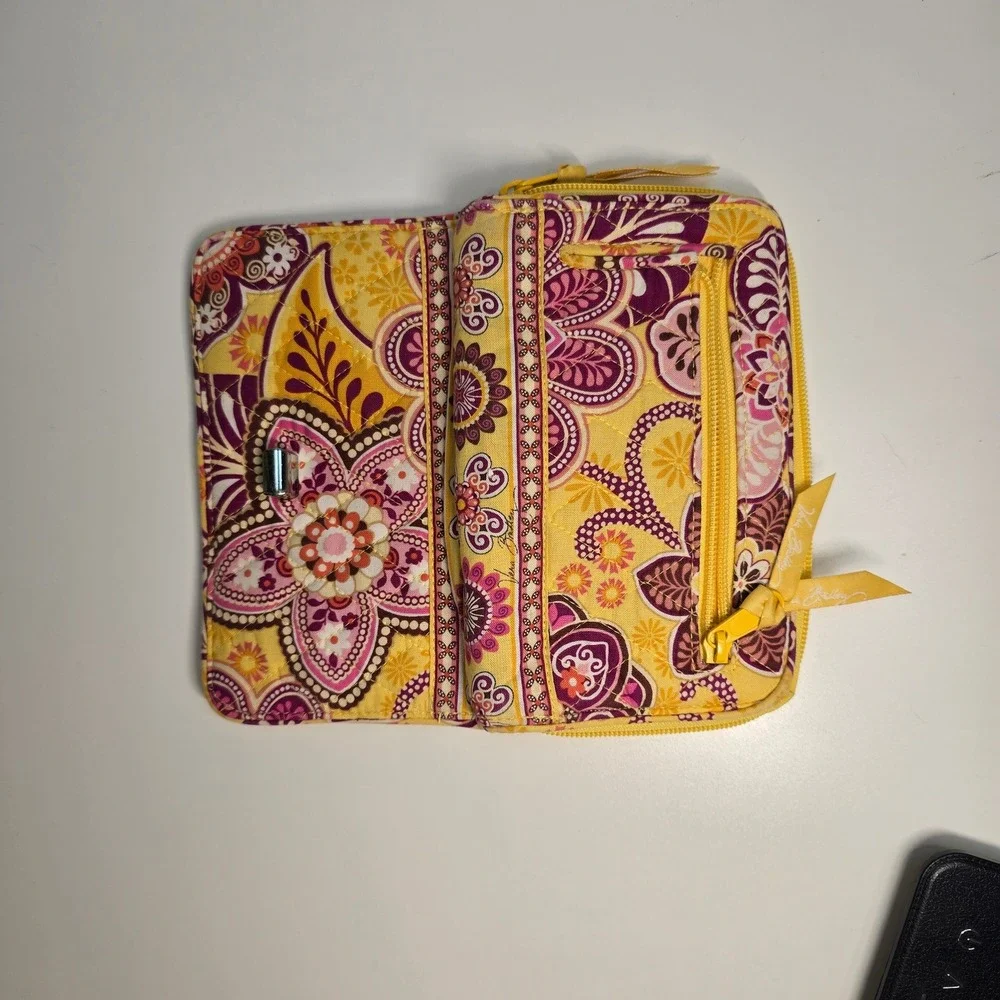 Vera Bradley Retired Yellow Purple Floral Accordion Zip Around Wallet Organizer‎
